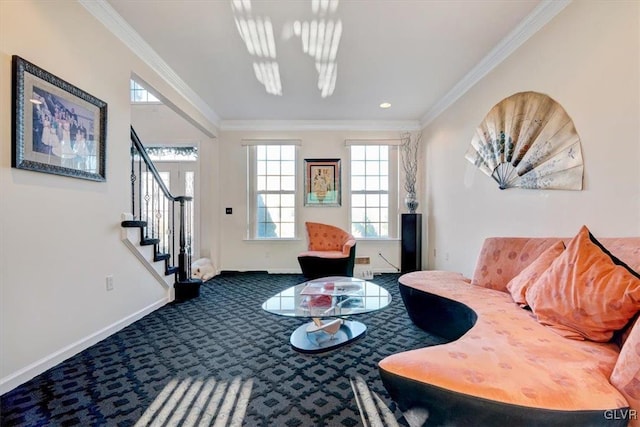 carpeted dining area with crown molding