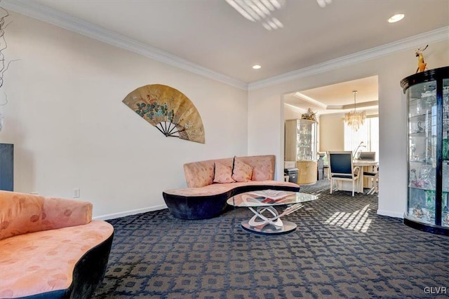 living room with dark colored carpet, a chandelier, and ornamental molding