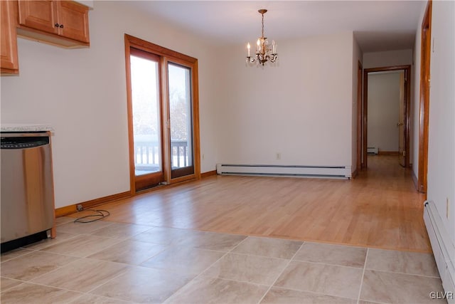 unfurnished dining area featuring light hardwood / wood-style flooring, a baseboard radiator, and a notable chandelier