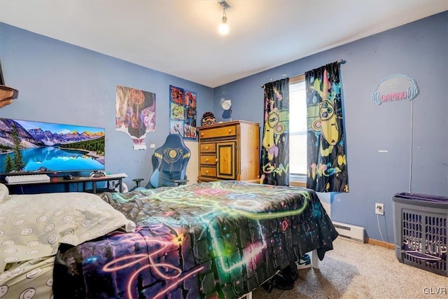 carpeted bedroom with a baseboard radiator