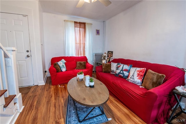 living room featuring ceiling fan and wood-type flooring