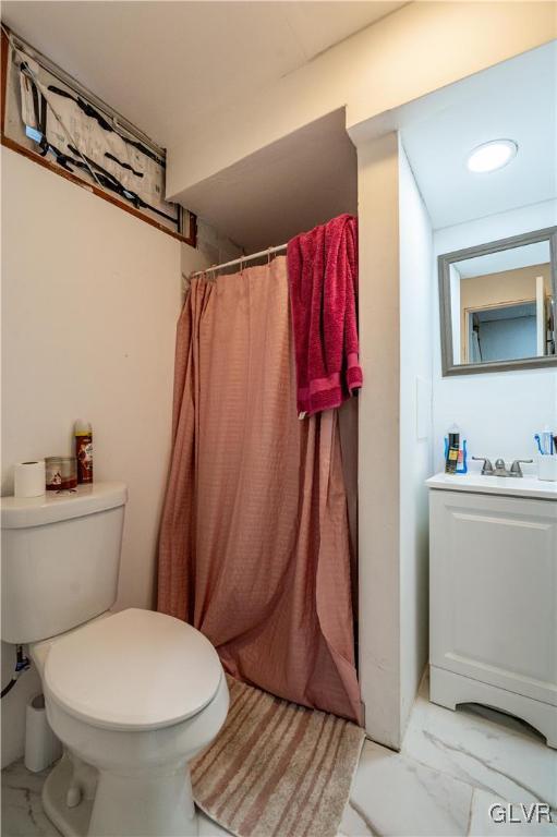 bathroom with toilet, vanity, and walk in shower