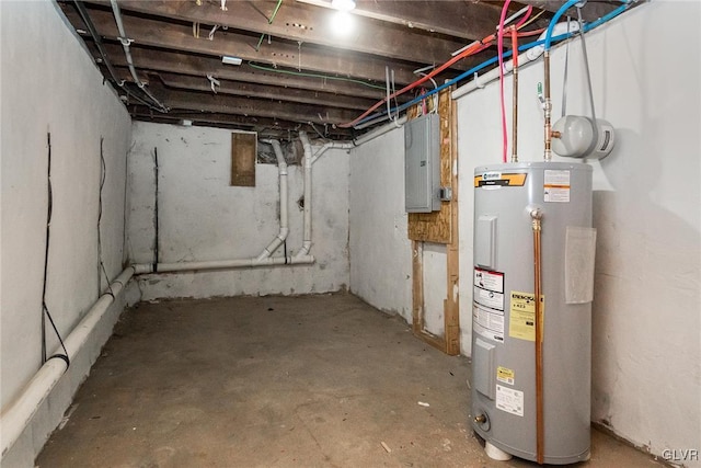 basement with electric panel and water heater