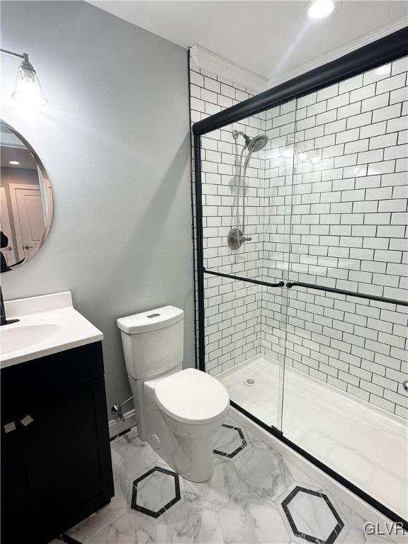 bathroom featuring toilet, vanity, and walk in shower