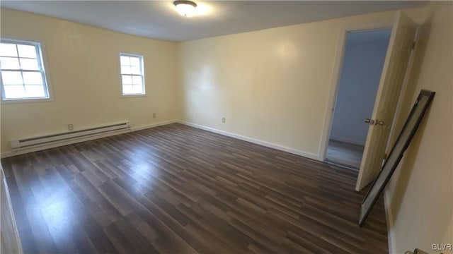 unfurnished room featuring dark hardwood / wood-style floors and baseboard heating