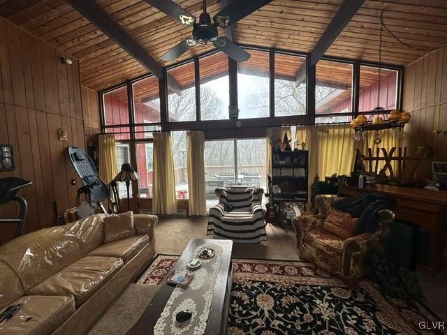 carpeted living room with beamed ceiling, ceiling fan, wooden walls, and wood ceiling