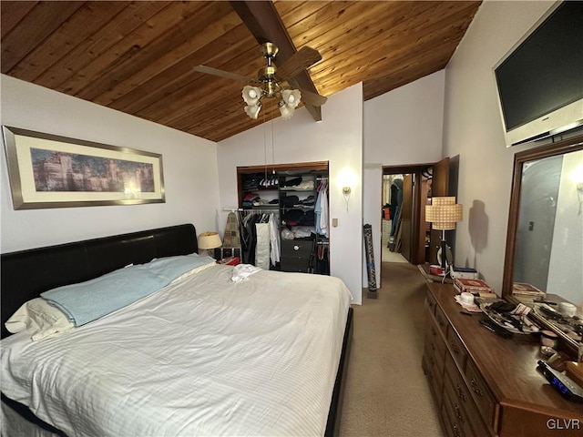 bedroom featuring lofted ceiling with beams, a closet, light colored carpet, and wooden ceiling