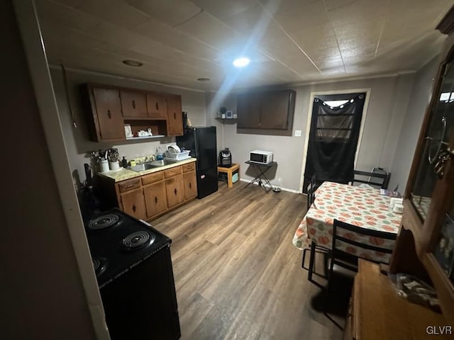 kitchen with black appliances, light hardwood / wood-style floors, and sink