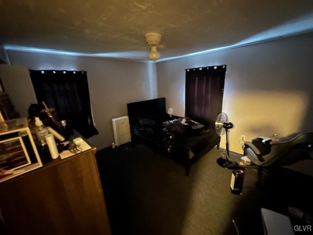 bedroom with radiator, ceiling fan, and carpet