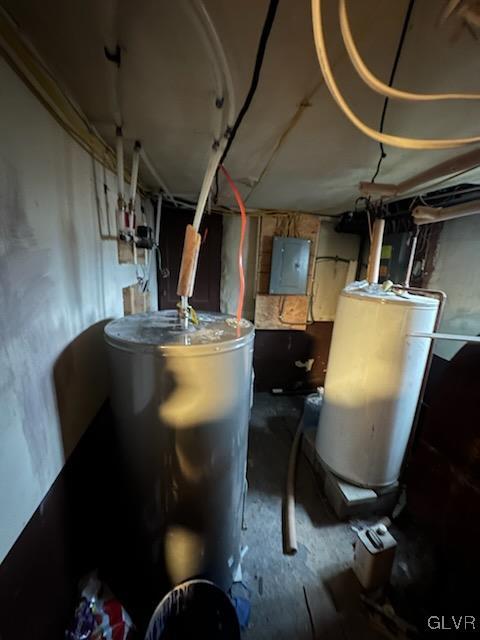 utility room featuring gas water heater and electric panel