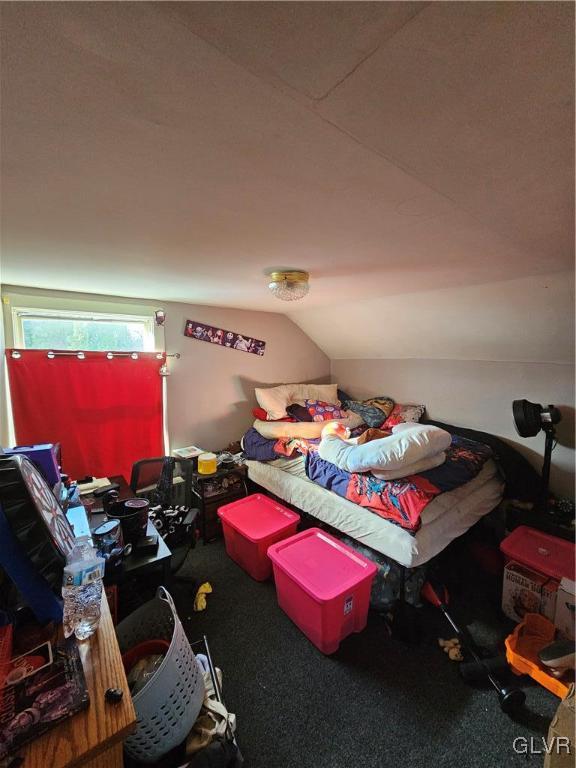 bedroom featuring carpet floors and lofted ceiling