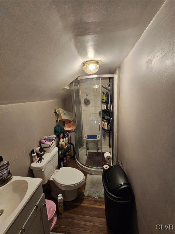 bathroom featuring walk in shower, a textured ceiling, lofted ceiling, vanity, and hardwood / wood-style flooring