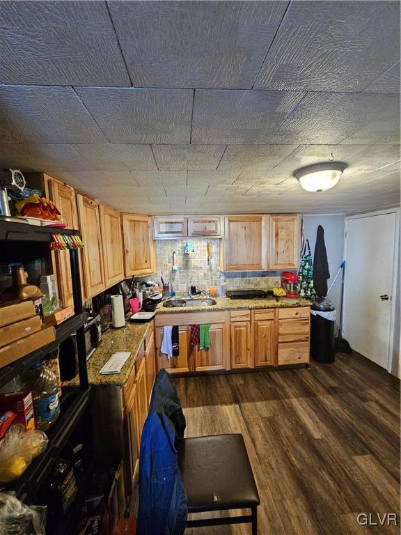 kitchen featuring dark wood-type flooring, sink, light stone countertops, light brown cabinetry, and tasteful backsplash