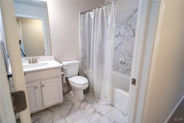 full bathroom featuring vanity, toilet, and shower / tub combo with curtain