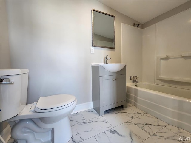 full bathroom with shower / bathing tub combination, vanity, and toilet