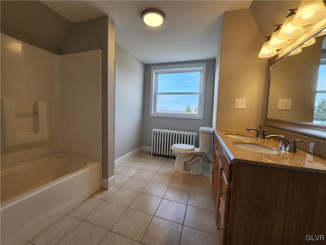 full bathroom featuring shower / bathtub combination, radiator, vanity, tile patterned flooring, and toilet