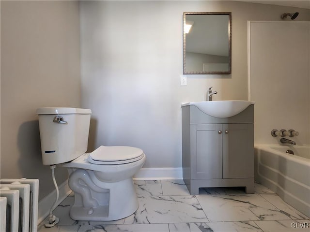 full bathroom featuring vanity, toilet, radiator, and  shower combination