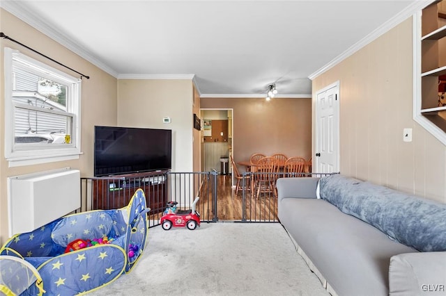 living room featuring carpet floors and crown molding