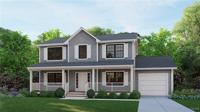 view of front of property featuring a front yard, a garage, and covered porch