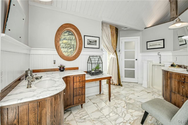 bathroom with vanity and wood ceiling