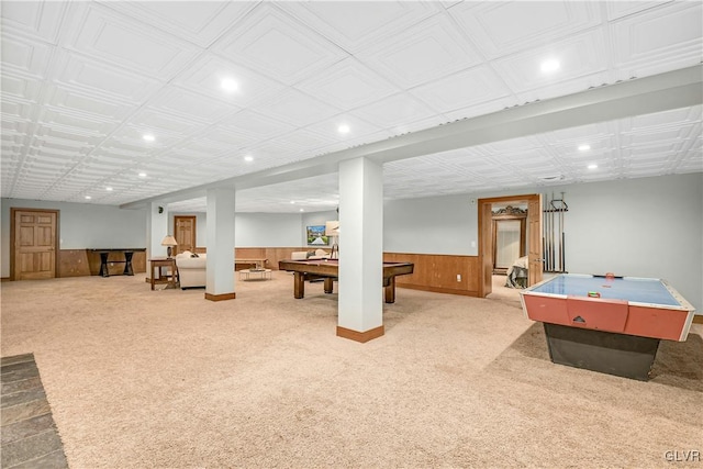 recreation room featuring wooden walls, carpet floors, and pool table