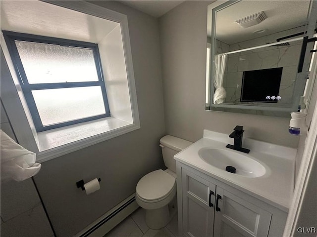 bathroom with a shower with curtain, tile patterned flooring, a baseboard heating unit, toilet, and vanity