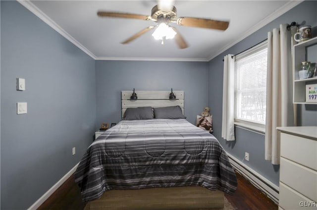 bedroom with dark hardwood / wood-style floors, baseboard heating, ceiling fan, and ornamental molding