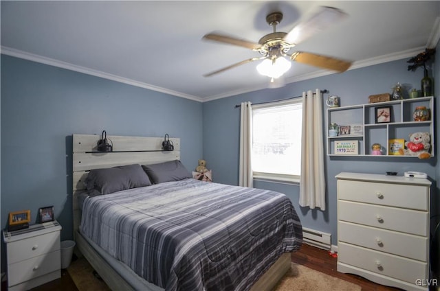 bedroom with dark hardwood / wood-style floors, ceiling fan, crown molding, and a baseboard radiator