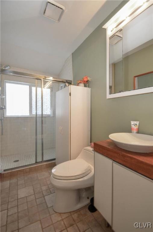 bathroom featuring lofted ceiling, a shower stall, toilet, and vanity