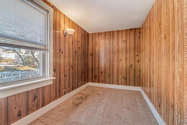 carpeted empty room with wooden walls