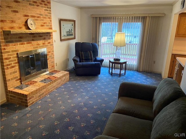 living room featuring carpet flooring, crown molding, and a brick fireplace