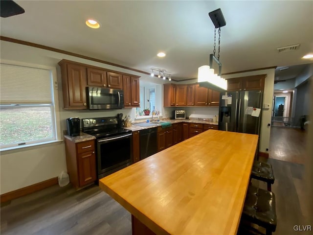 kitchen with decorative light fixtures, plenty of natural light, dark wood-type flooring, and appliances with stainless steel finishes