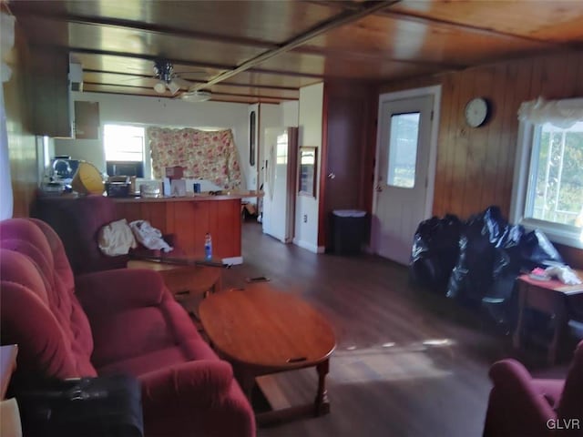 living room with hardwood / wood-style flooring, ceiling fan, and wooden walls