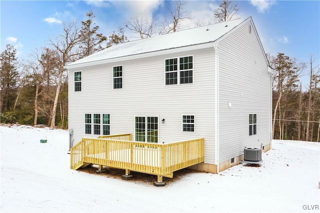 snow covered property featuring a deck and cooling unit