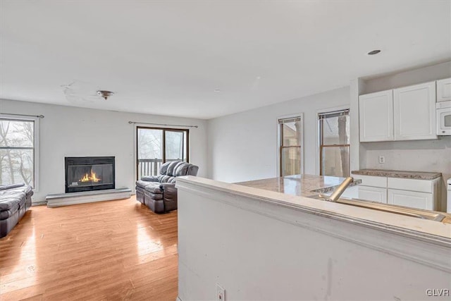 living room with sink, a healthy amount of sunlight, and light wood-type flooring