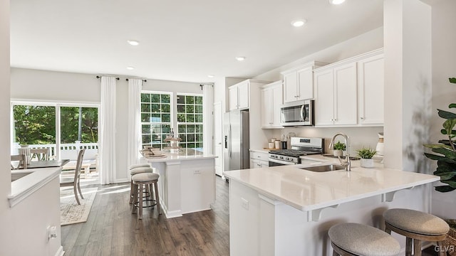 kitchen with sink, a kitchen breakfast bar, dark hardwood / wood-style floors, white cabinets, and appliances with stainless steel finishes