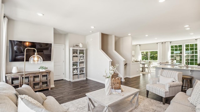 living room with dark hardwood / wood-style flooring