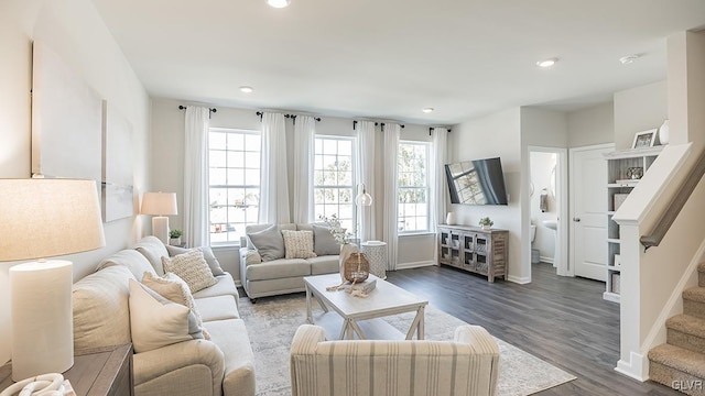 living room featuring dark wood-type flooring