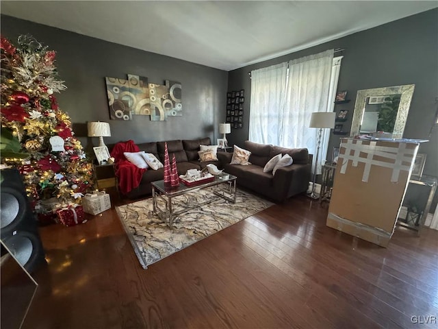 living room with dark hardwood / wood-style flooring