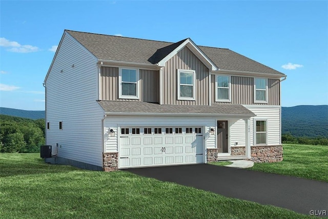 view of front of home featuring cooling unit, a garage, stone siding, aphalt driveway, and board and batten siding