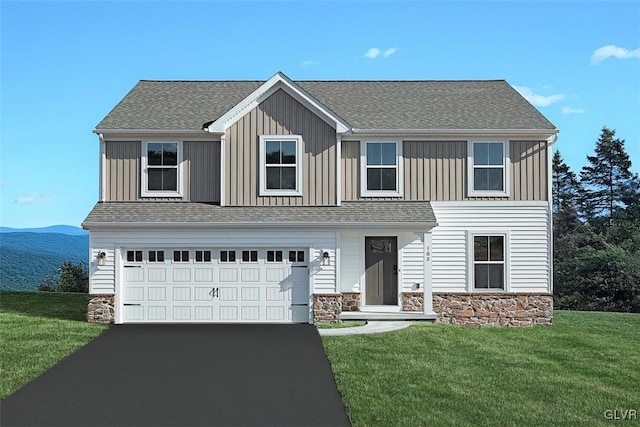 view of front of home with stone siding, driveway, board and batten siding, and an attached garage