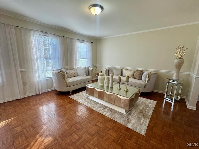 living room featuring crown molding and dark parquet floors