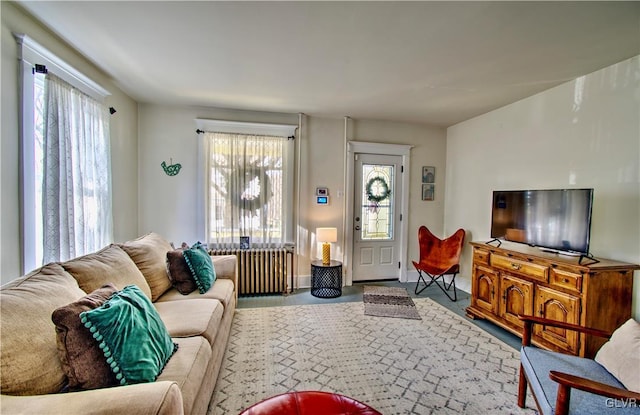 living room with radiator