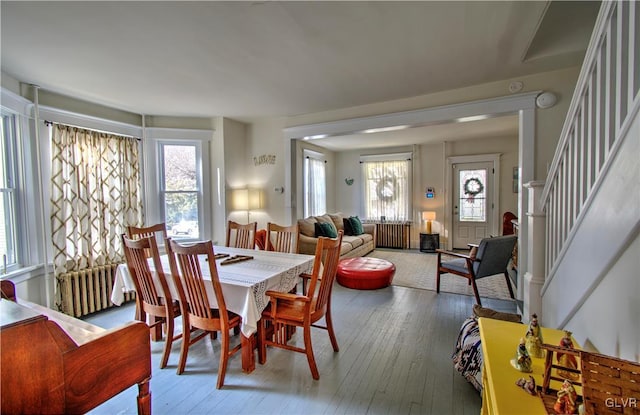 dining space featuring hardwood / wood-style flooring and radiator