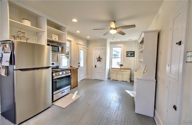 812 Lehigh St, Jim Thorpe Borough, PA 18229 - kitchen with appliances with stainless steel finishes, a ceiling fan, plenty of natural light, open shelves, and recessed lighting