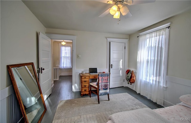 office featuring ceiling fan and dark wood-type flooring