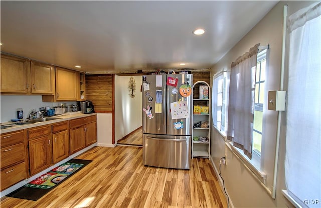 812 Lehigh St, Jim Thorpe Borough, PA 18229 - kitchen with freestanding refrigerator, open shelves, light wood-style floors, brown cabinets, and recessed lighting