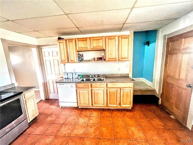 kitchen with stainless steel range with electric stovetop, dishwasher, a paneled ceiling, and sink