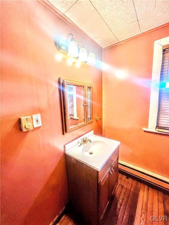 bathroom featuring hardwood / wood-style floors, vanity, and a baseboard radiator