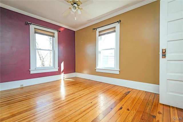 unfurnished room with light wood-type flooring, ceiling fan, and crown molding